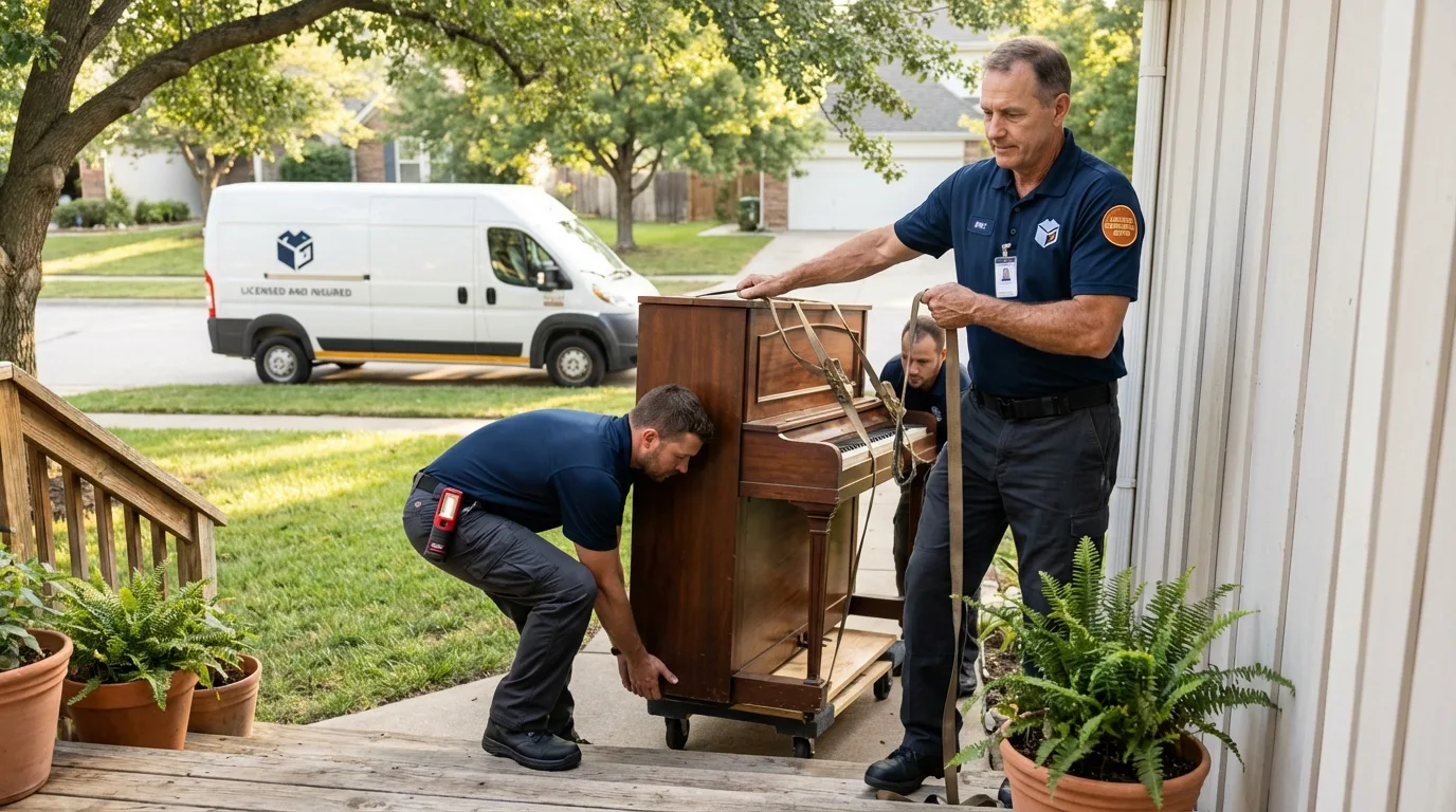 Licensed piano movers securing grand piano in Heflin, AL