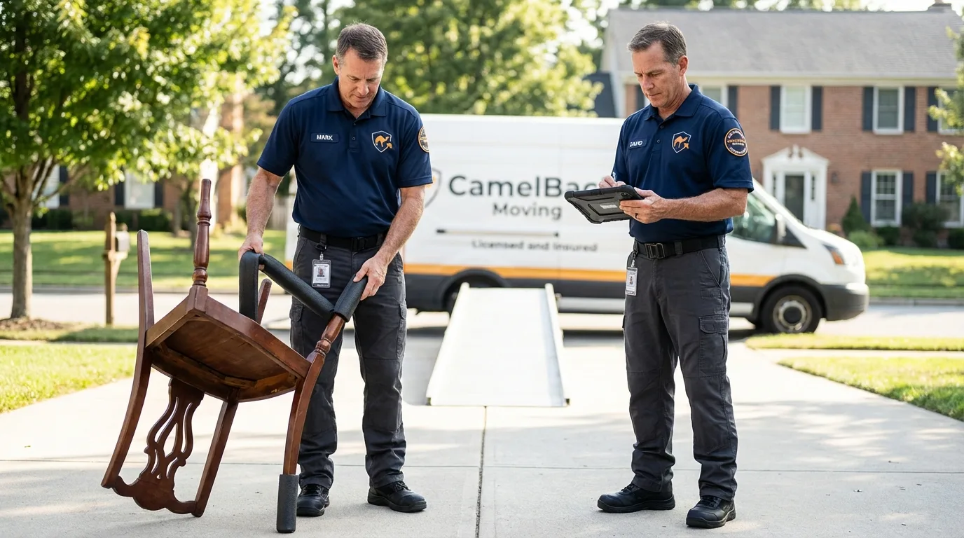 Movers inspecting furniture for damage prevention before loading in Heflin, AL