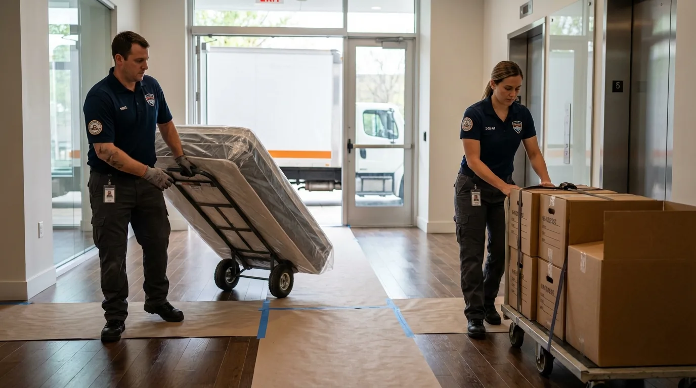 Professional apartment movers loading elevator in Heflin, AL